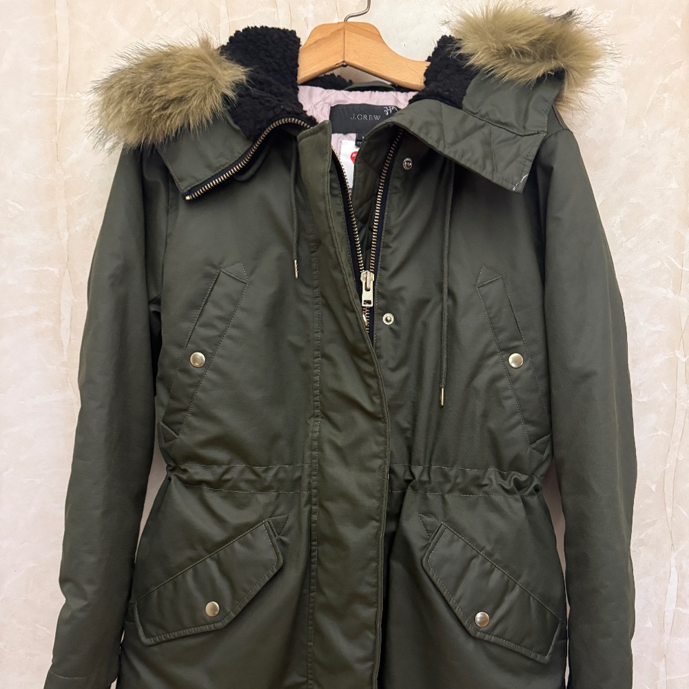 JCREW Primaloft FAUX Fur Hooded Parka Coat Size Small EUC
